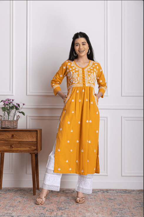 Fizaa Chikankari Kurti for Women With Pocket - Mustard